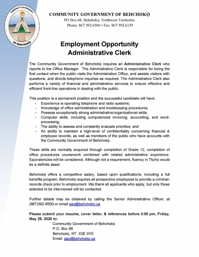 Employment Opportunity - Administrative Clerk | Tlicho