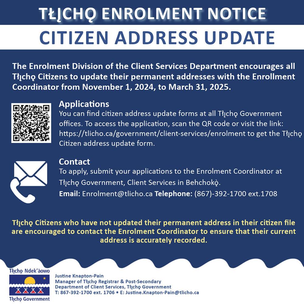 Tłı̨chǫ Enrolment Notice – Citizen Address Update