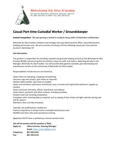 Tlicho Casual Part-time Custodial Worker / Groundskeeper